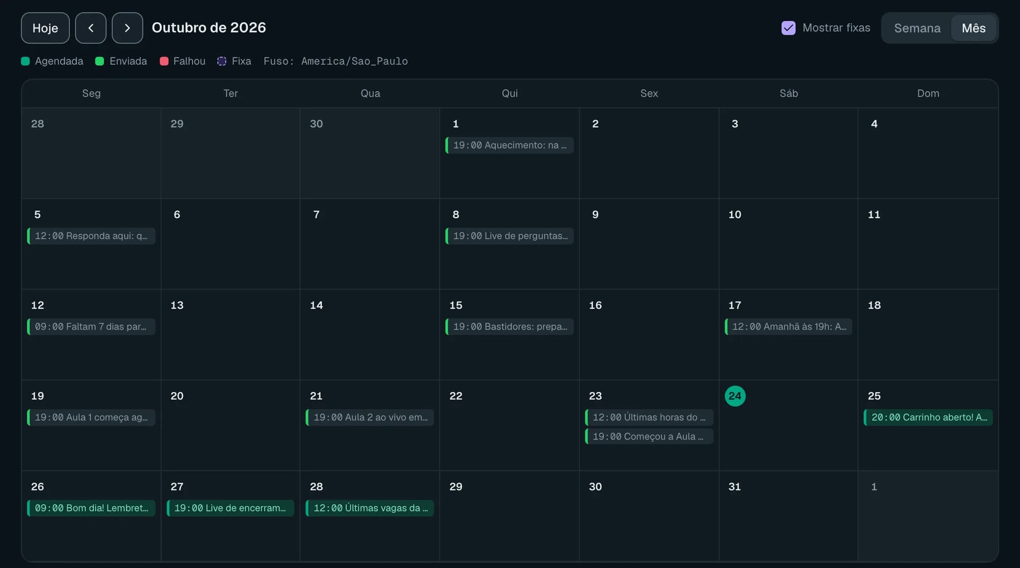 Calendário da campanha com as mensagens agendadas e as já enviadas de cada dia