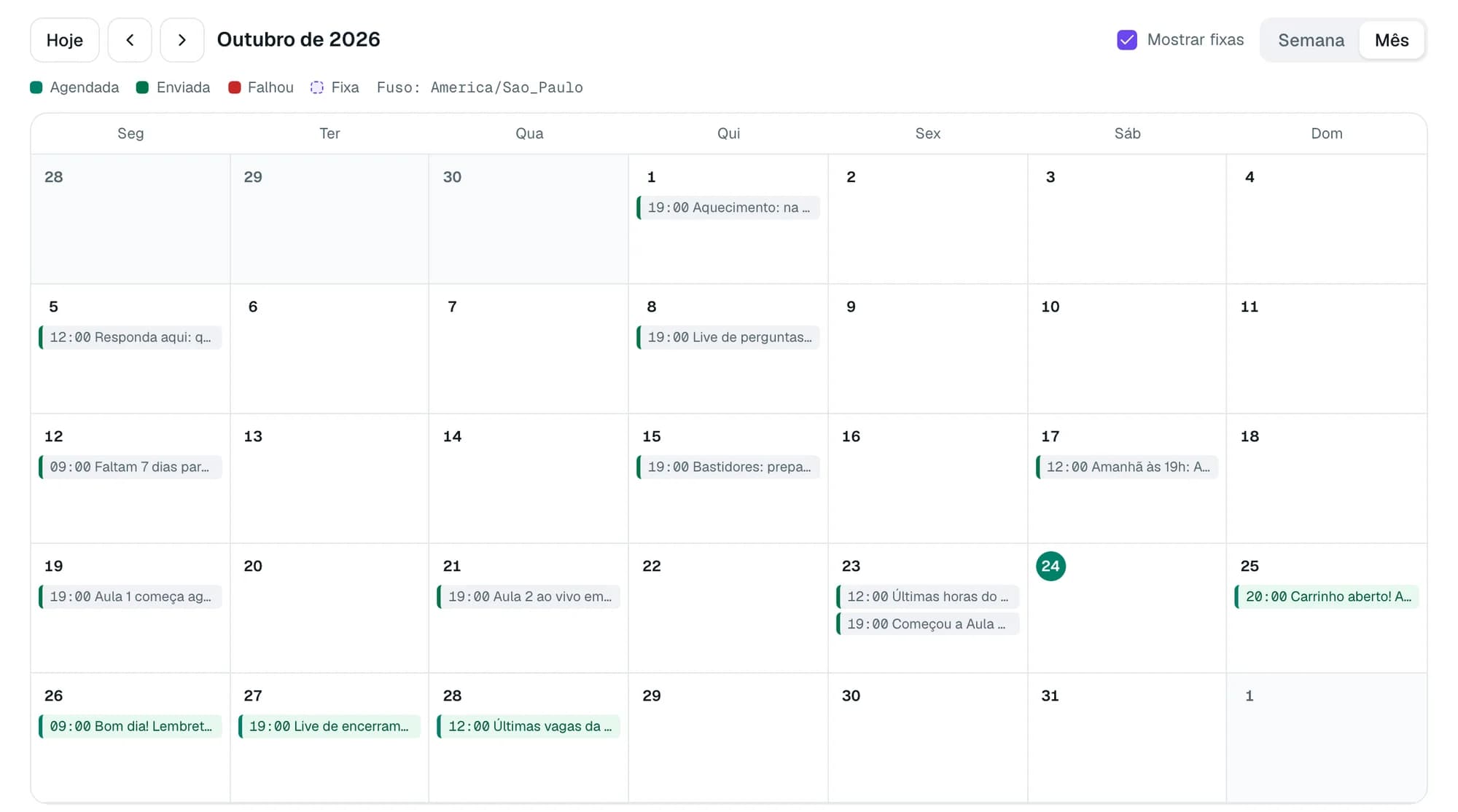 Calendário da campanha com as mensagens agendadas e as já enviadas de cada dia