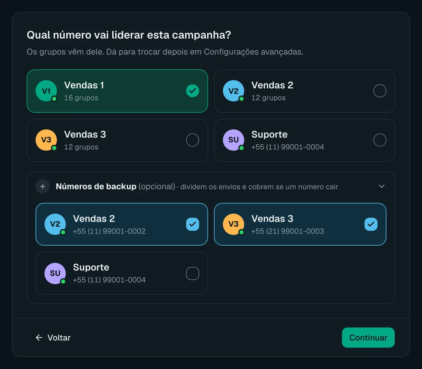 Criação de campanha: Vendas 1 como número principal e Vendas 2 e Vendas 3 marcados como números de backup