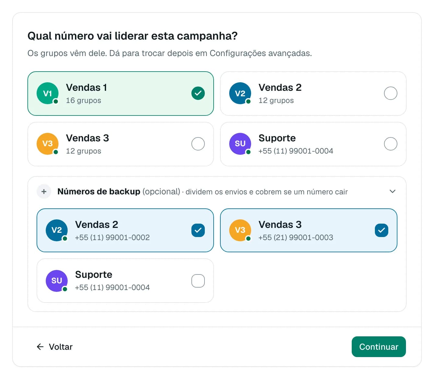 Criação de campanha: Vendas 1 como número principal e Vendas 2 e Vendas 3 marcados como números de backup