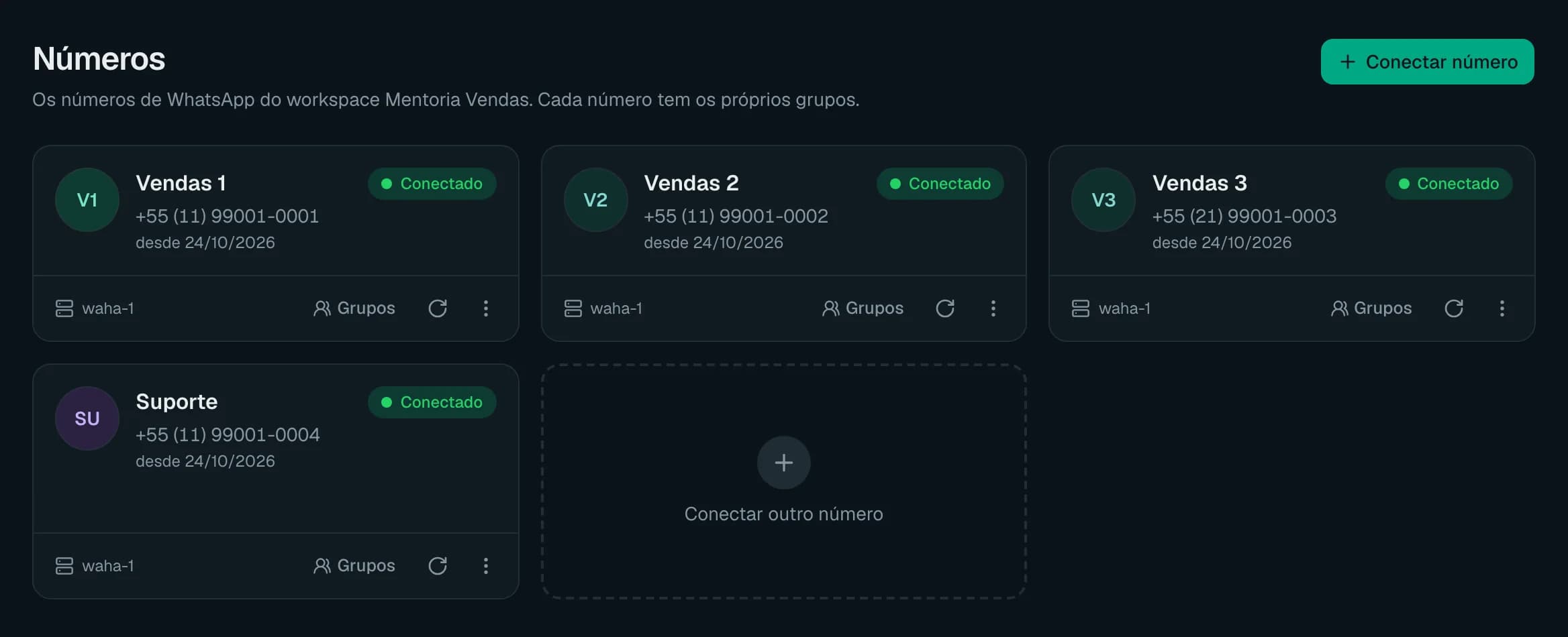Tela Números com quatro números de WhatsApp conectados, cada um com telefone e servidor