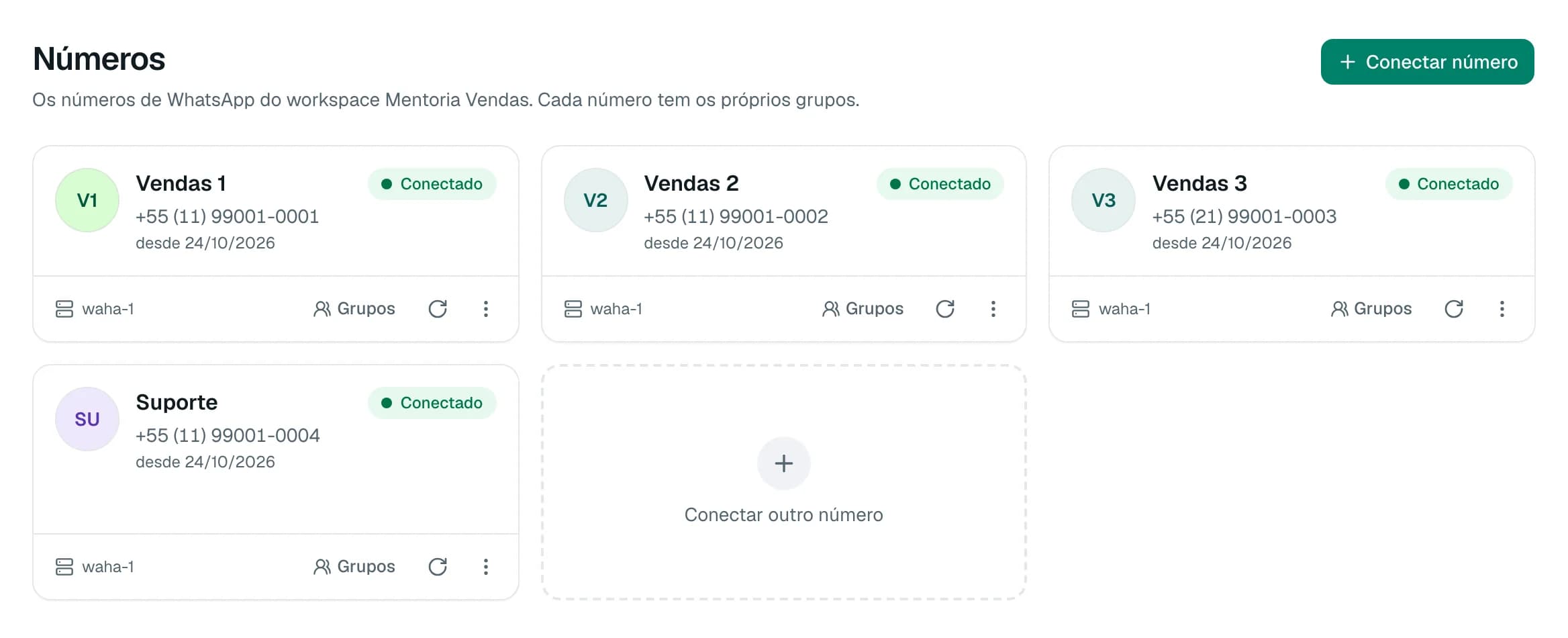 Tela Números com quatro números de WhatsApp conectados, cada um com telefone e servidor